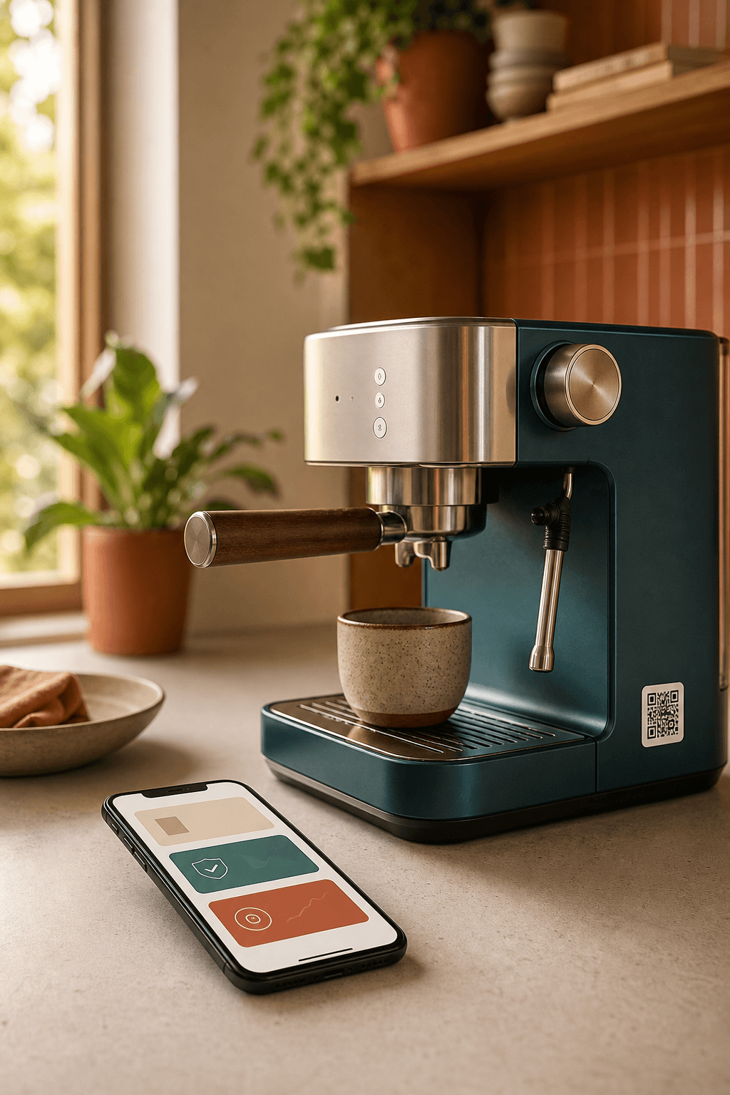 A kitchen appliance with a QR label and phone warranty record