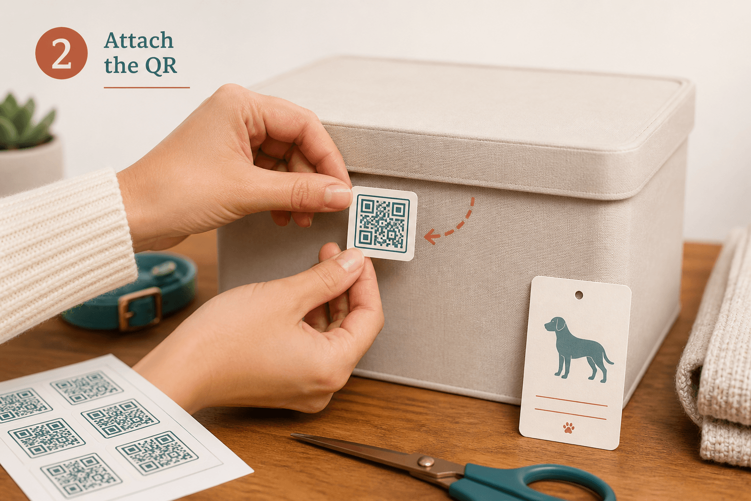 Hands placing a QR label on an object with label-making tools nearby